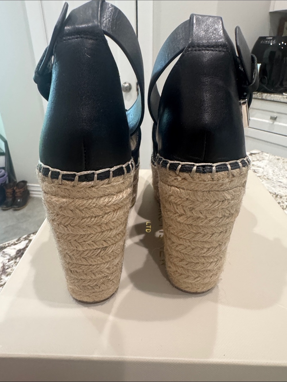 Marc Fisher Black Suede Espadrille Wedge Sandals with Ankle Strap - Picture 7 of 9